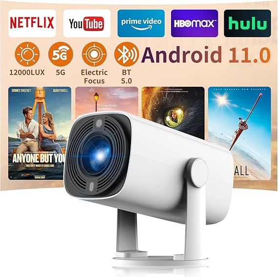 Mini Projector [Android 11.0/Electric focus] 12000LUX Movie Projector,Full HD 1080P Supported Video Projector,with 5G WiFi and BT 5.2,180° Angle adjustment Video projector K2N