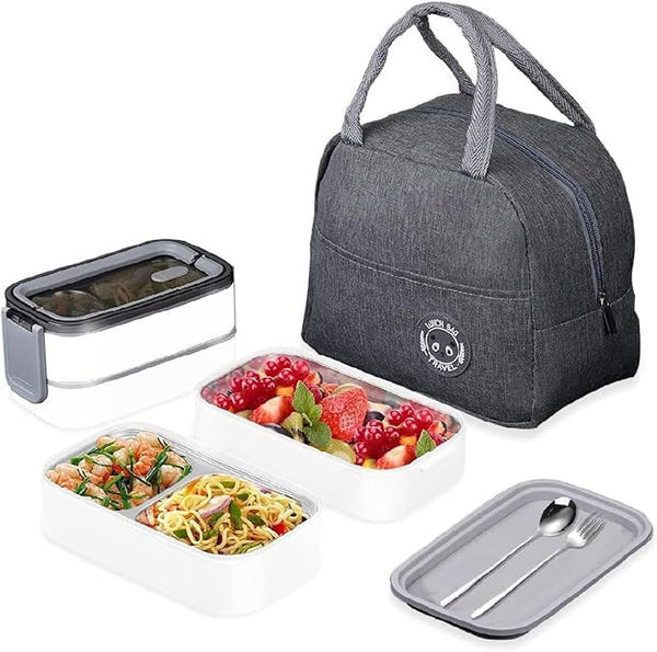 Stainless Steel Lunch Box - 2 Compartments Food Container - Leakproof BPA-Free Microwave Bento Sandwich Box - For School, Work And Picnic With Insulated Bag & Tableware Kit